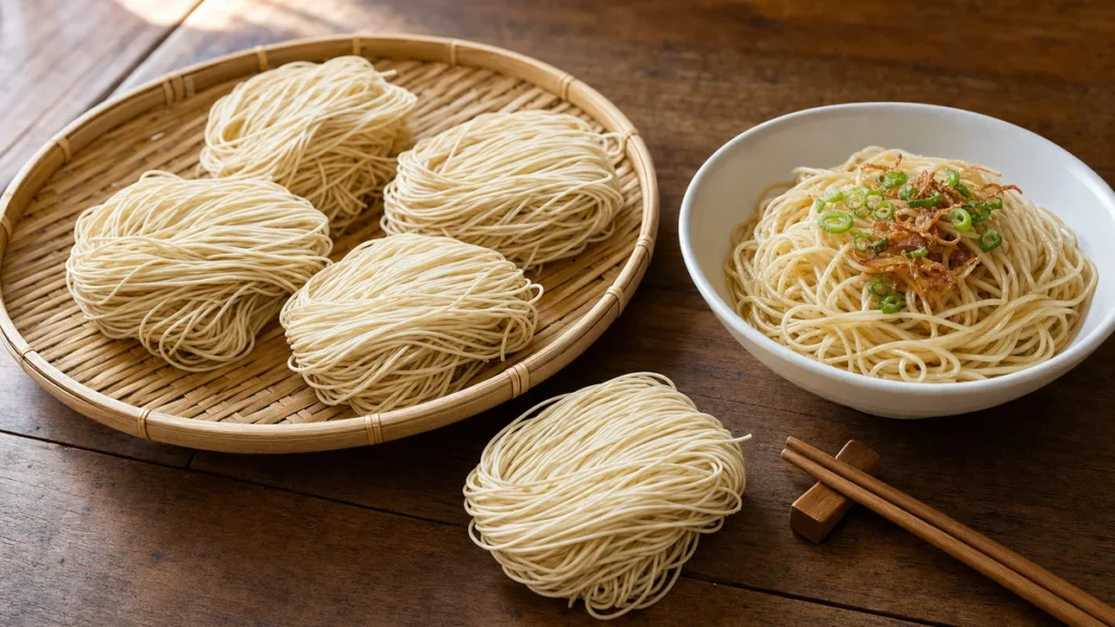 關廟麵麵餅與煮好的乾麵