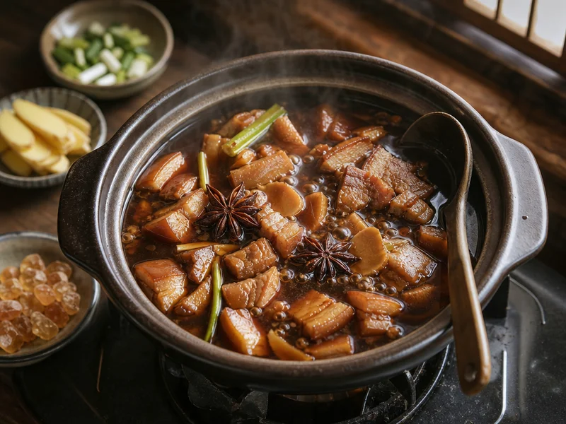 下鍋的功夫：滷肉、燉湯與台式料理的用量和時機：砂鍋中燉著八角的滷肉