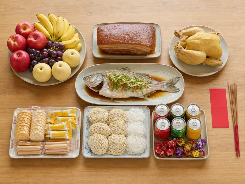 中元普渡供品清單怎麼挑：從水果、三牲到零食的取捨：木桌上分類擺放的普渡供品