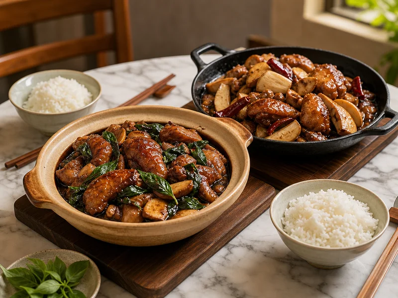 常見變化做法：兩種配料不同的三杯雞